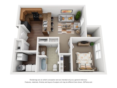 A 3D floor plan of a small apartment with a kitchen, living room, and bathroom.